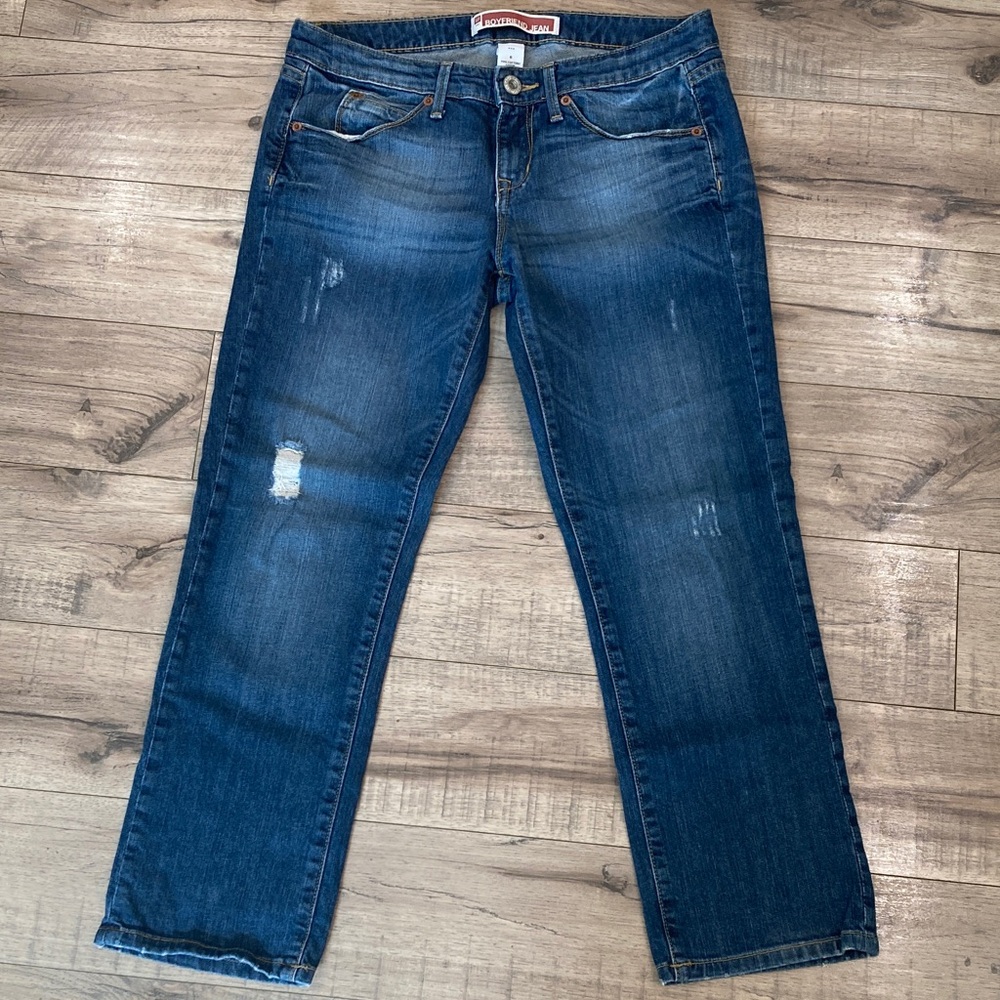 GAP Women's Boyfriend Straight Leg Jean Distressed Grunge Dark Blue Denim (P48)